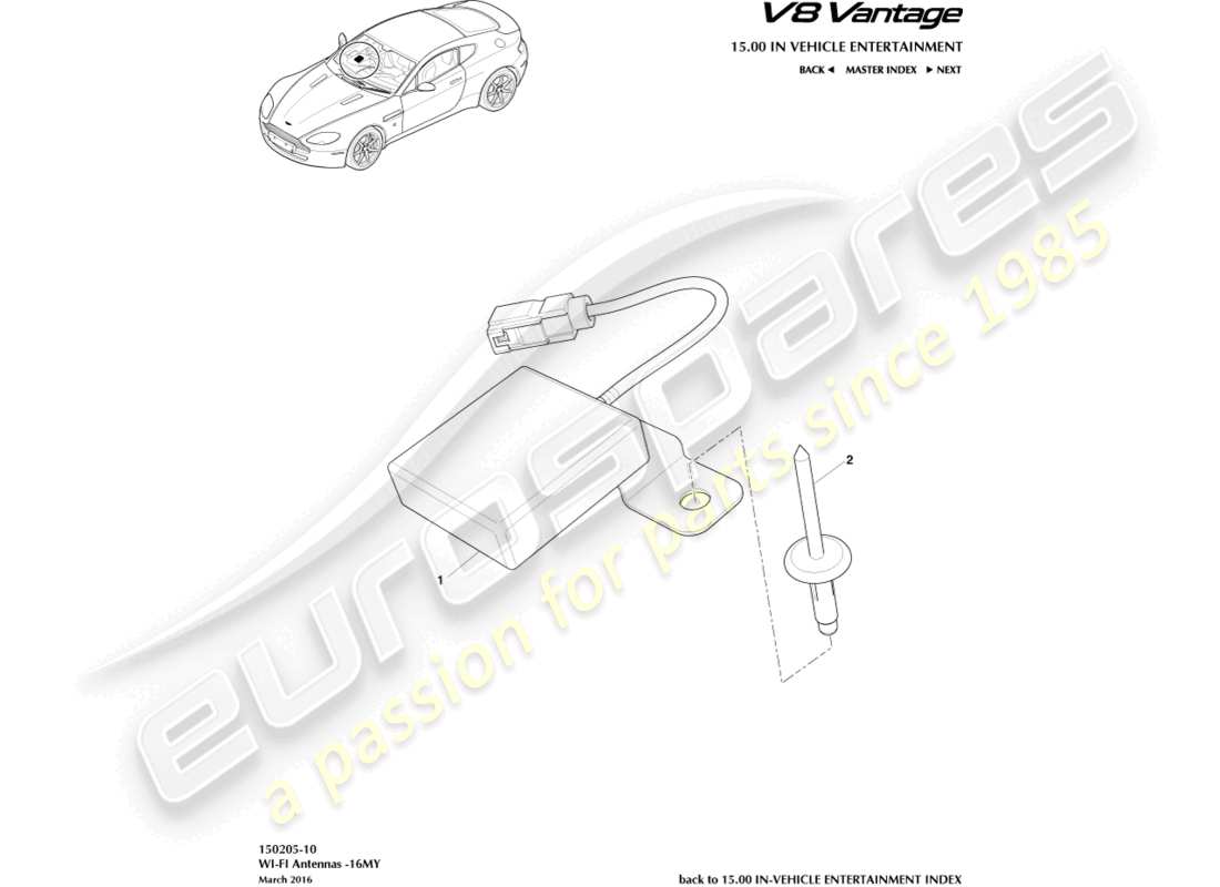 un diagrama de piezas del catálogo de piezas Aston Martin V8 Vantage (2014)