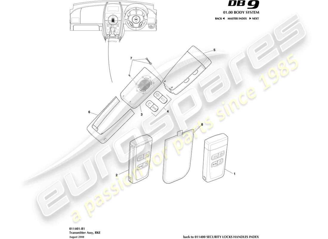 aston martin db9 (2010) transmisor, diagrama de piezas rke