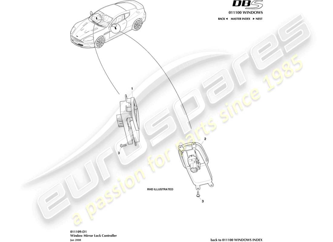 aston martin dbs (2013) diagrama de piezas del controlador de bloqueo de ventana/espejo