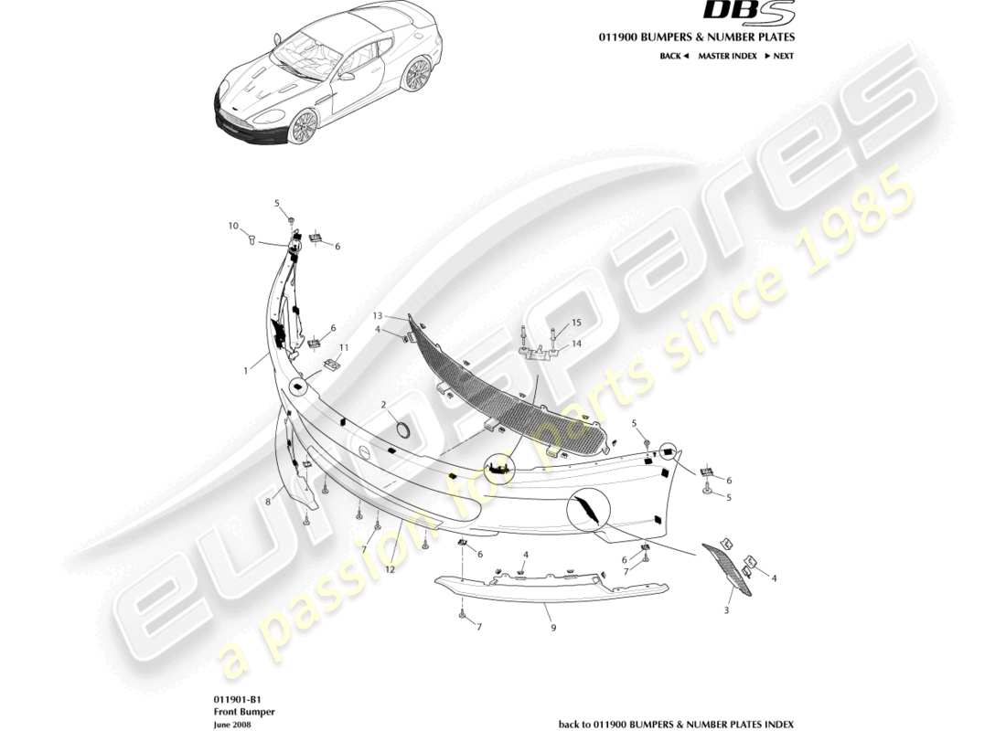 aston martin dbs (2013) diagrama de piezas del parachoques delantero