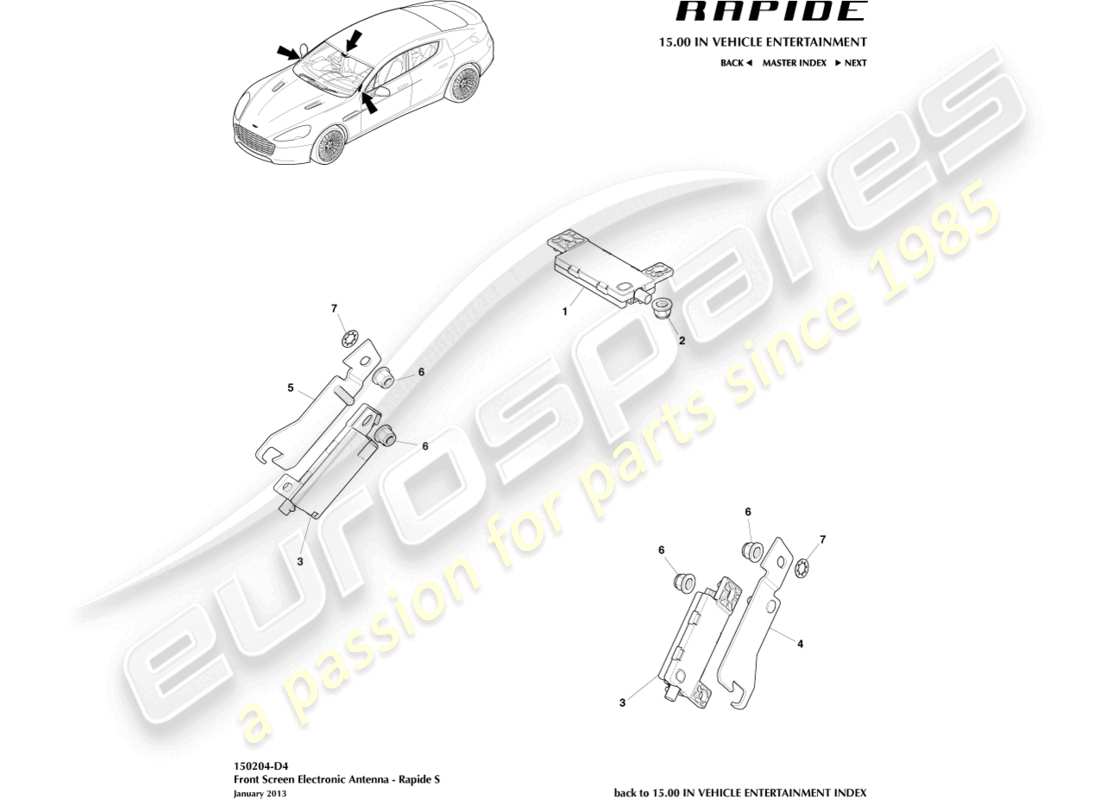 aston martin rapide (2013) antena electrónica, 13my a 14.5my diagrama de piezas