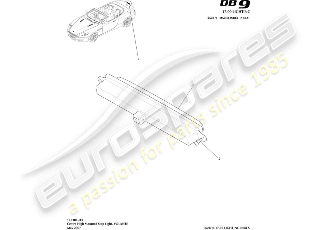 aston martin db9 (2006) luz de freno montada en alto, diagrama de piezas de volante