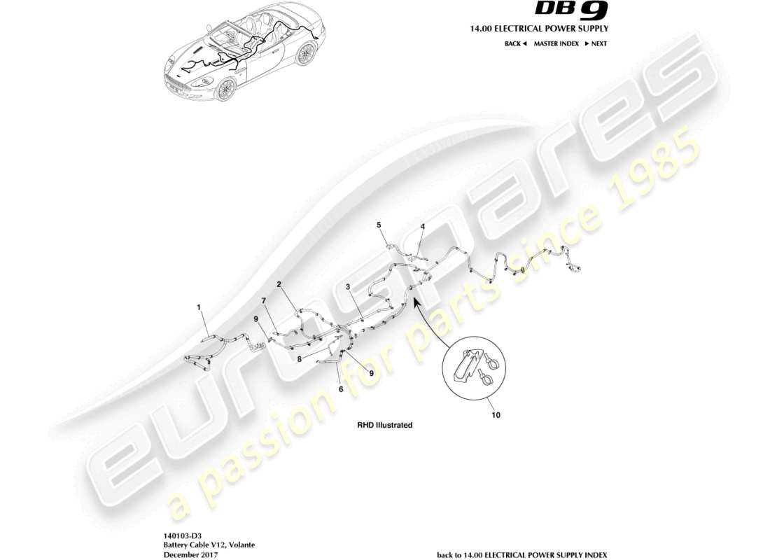 aston martin db9 (2007) cables bettery, diagrama de piezas de volante