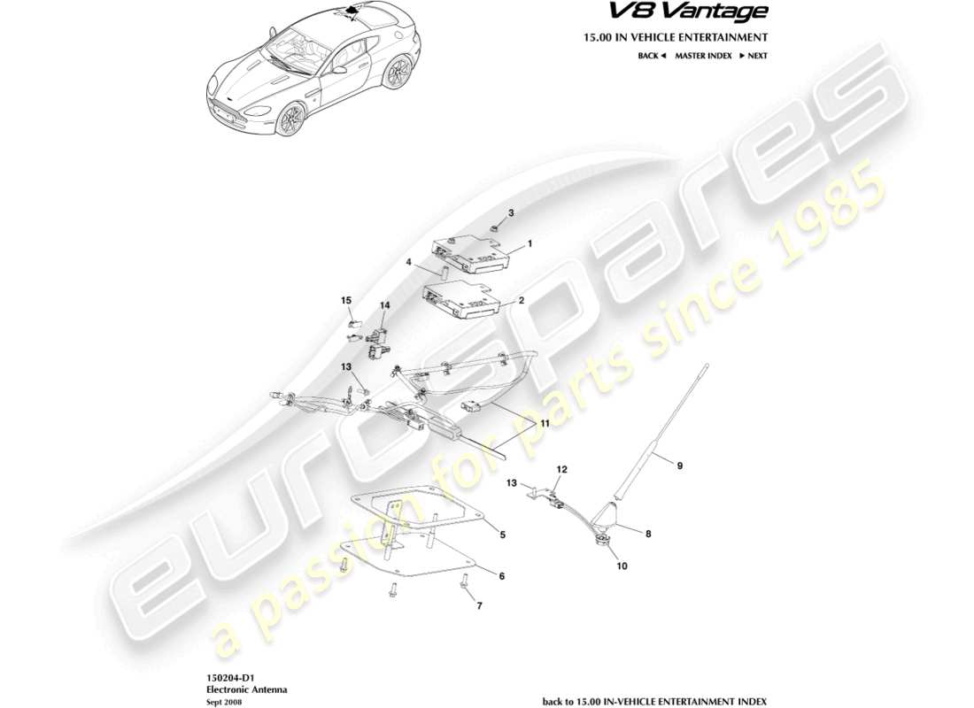 aston martin v8 vantage (2006) diagrama de piezas de antena electrónica