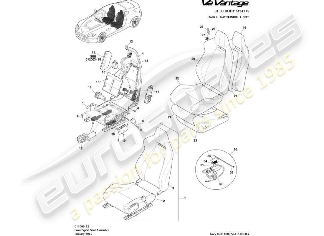 aston martin v12 vantage (2011) diagrama de piezas del asiento deportivo delantero