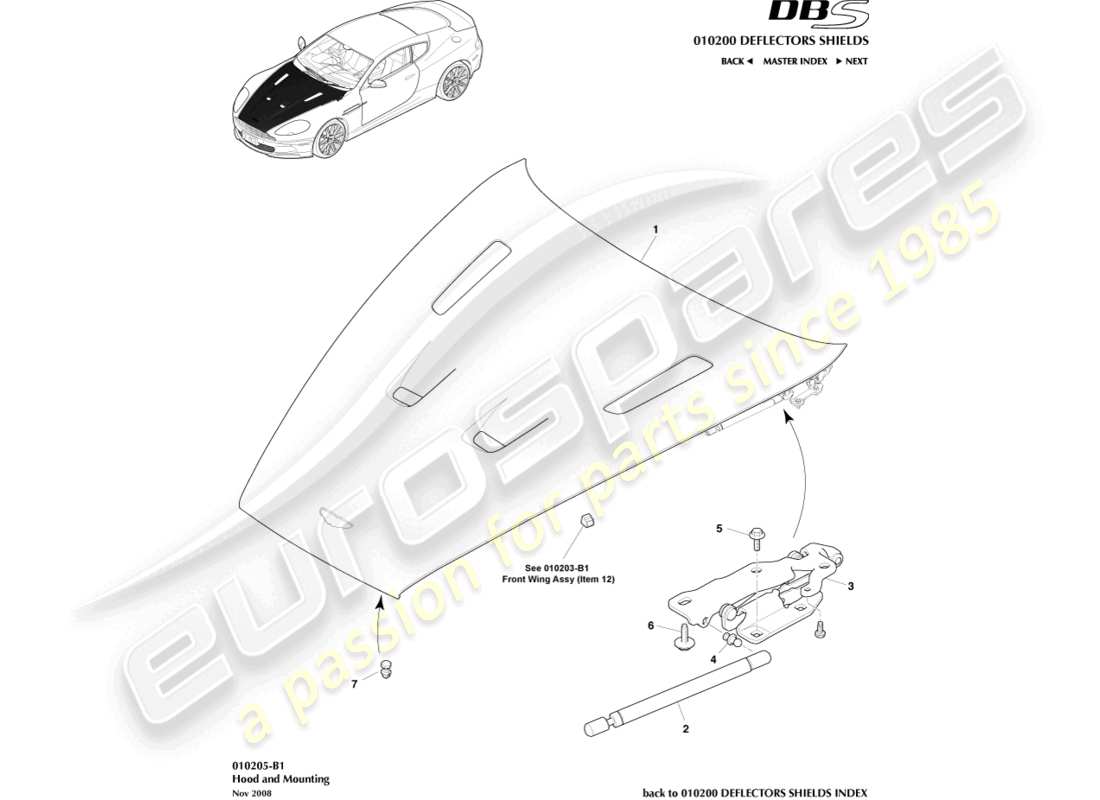 aston martin dbs (2011) capó y montaje diagrama de piezas
