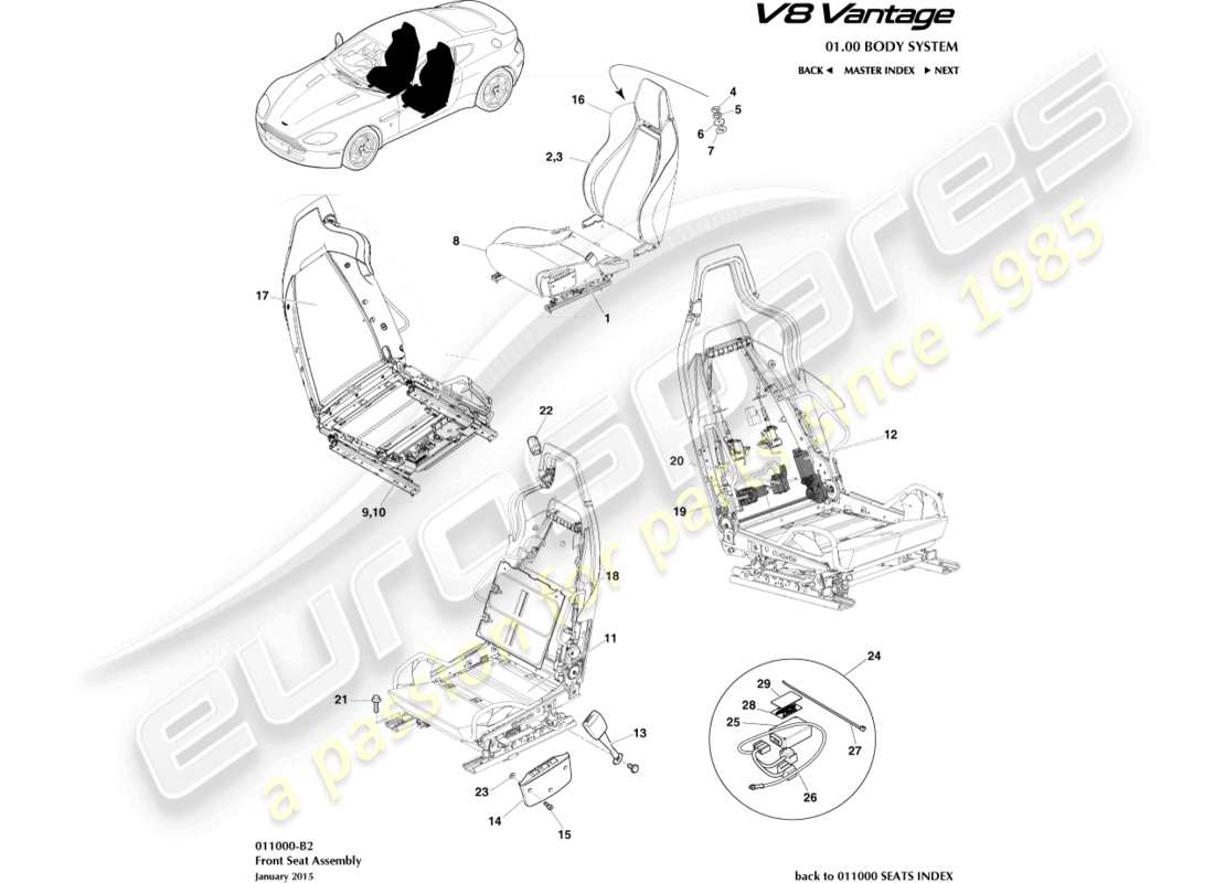 aston martin v8 vantage (2018) diagrama de piezas del asiento delantero