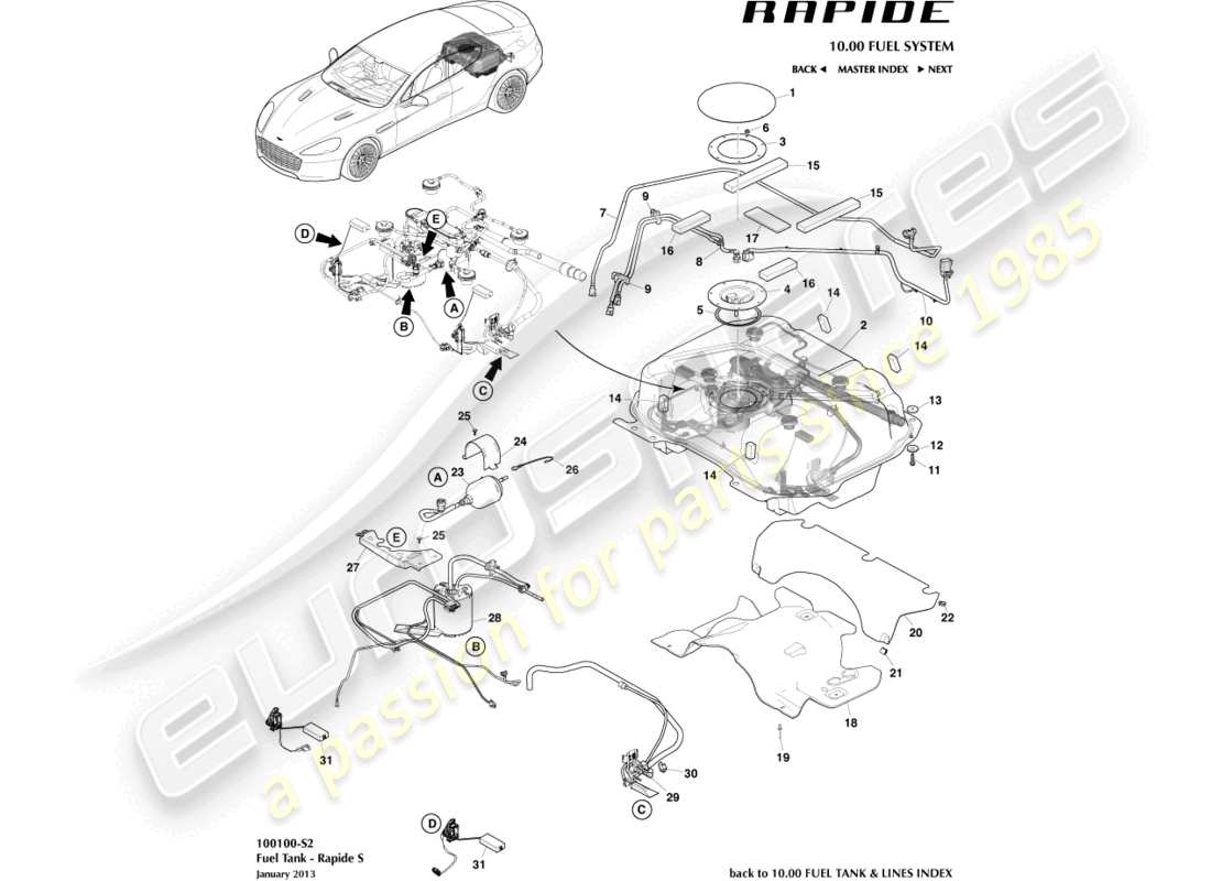 aston martin rapide (2012) conjunto de tanque de combustible, s diagrama de piezas
