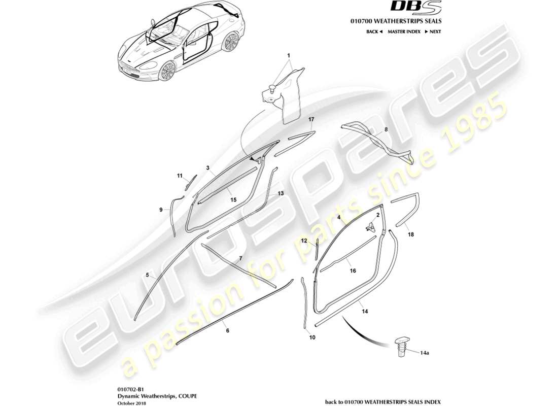 aston martin dbs (2011) burletes dinámicos, cupé diagrama de piezas