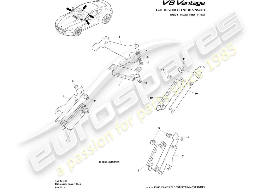 aston martin v8 vantage (2010) antena de radio, diagrama de pieza 14my