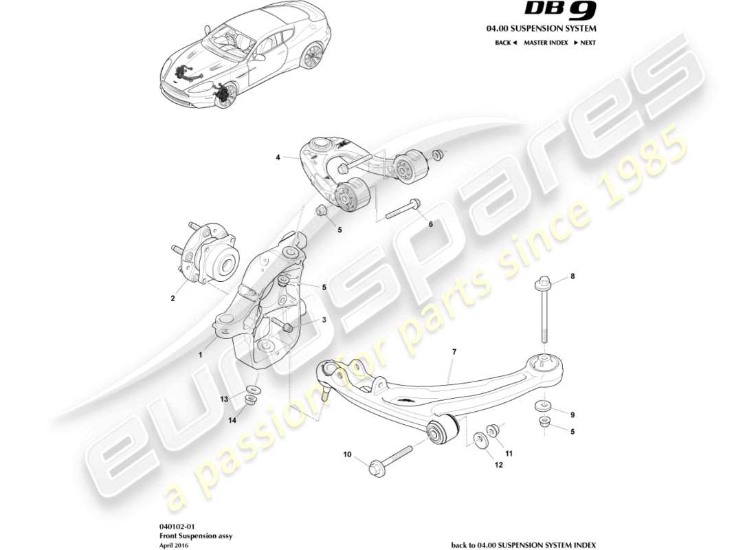 aston martin db9 (2015) diagrama de piezas del conjunto de suspensión delantera