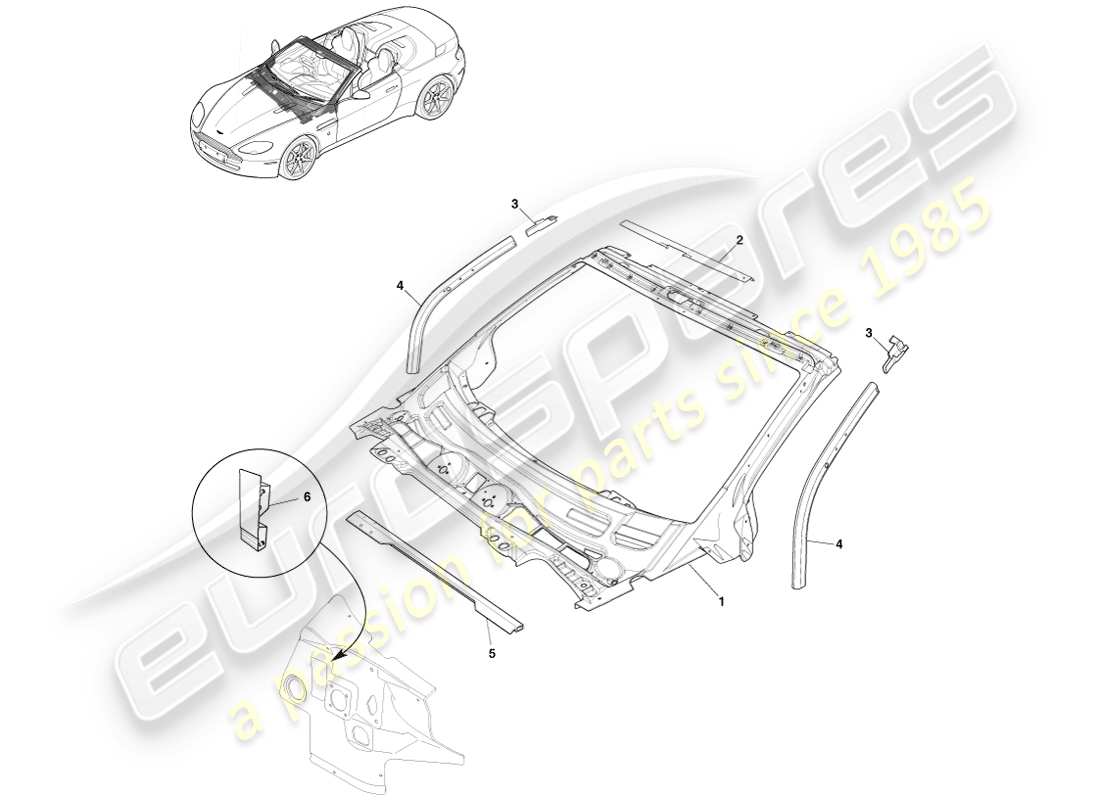 aston martin v8 vantage (2005) diagrama de piezas del tablero y capó del cuerpo, roadster