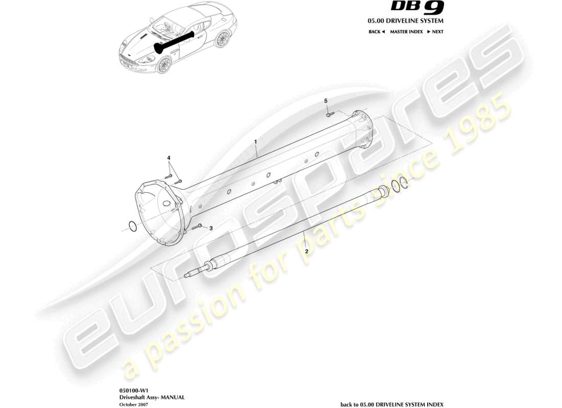 aston martin db9 (2007) conjunto del eje de transmisión, diagrama de piezas del manual