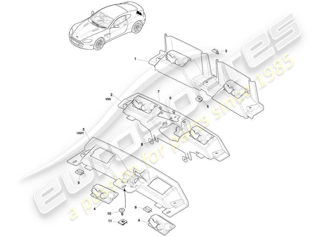 aston martin v8 vantage (2007) diagrama de piezas de las luces de la matrícula