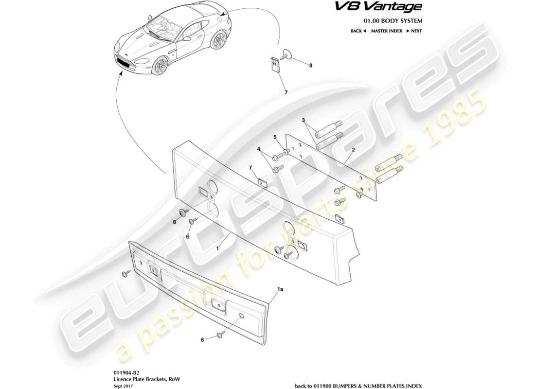 aston martin v8 vantage (2018) soportes de matrícula, diagrama de piezas row