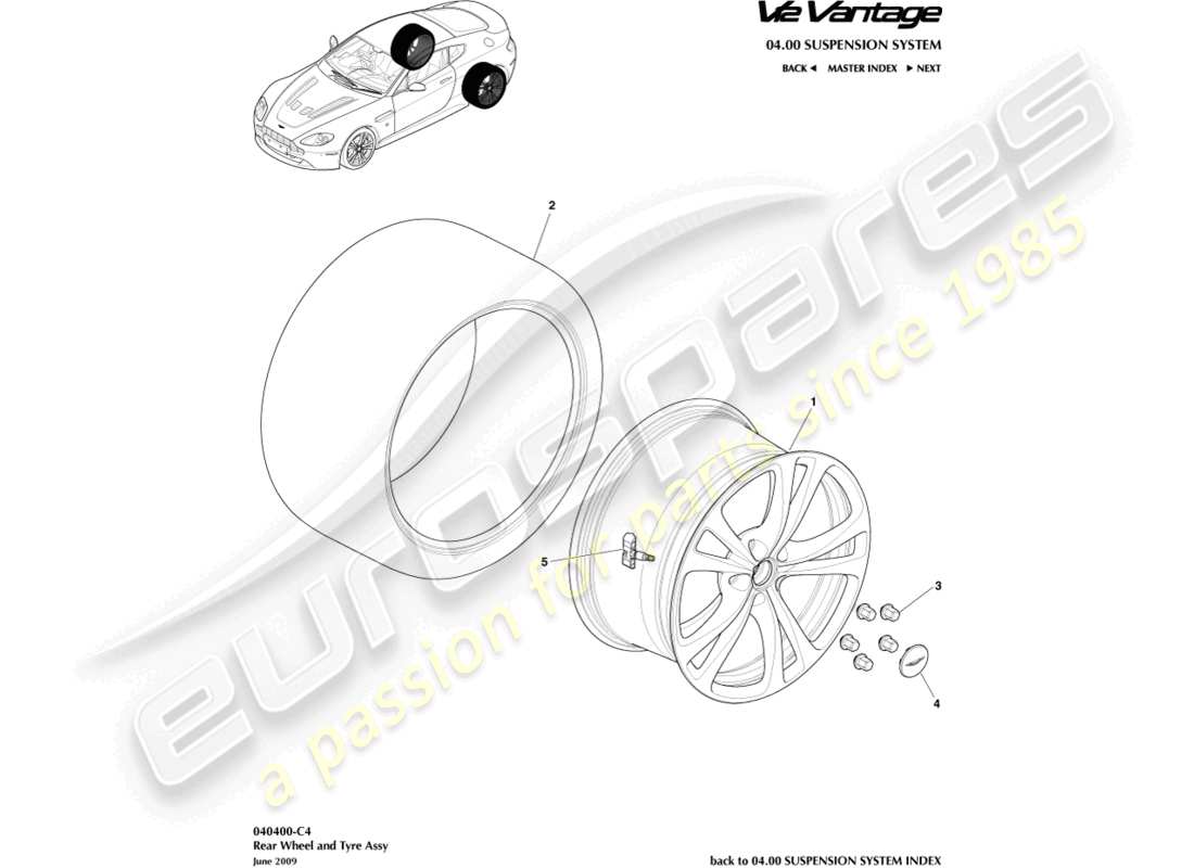 aston martin v12 vantage (2010) diagrama de piezas de ruedas y neumáticos traseros
