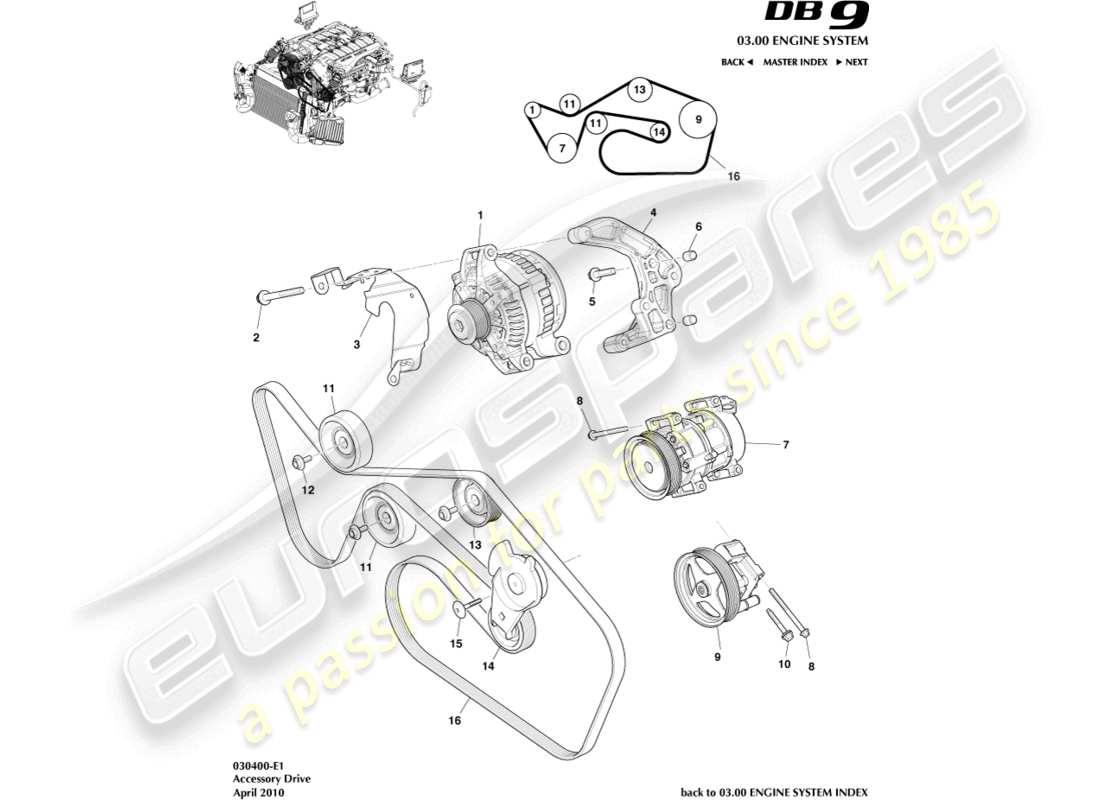 aston martin db9 (2010) diagrama de piezas de transmisión de accesorios