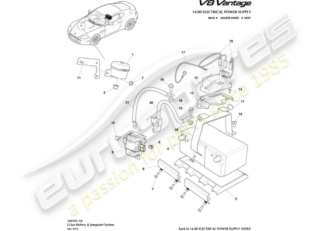 aston martin v8 vantage (2018) diagrama de piezas de la batería de iones de litio