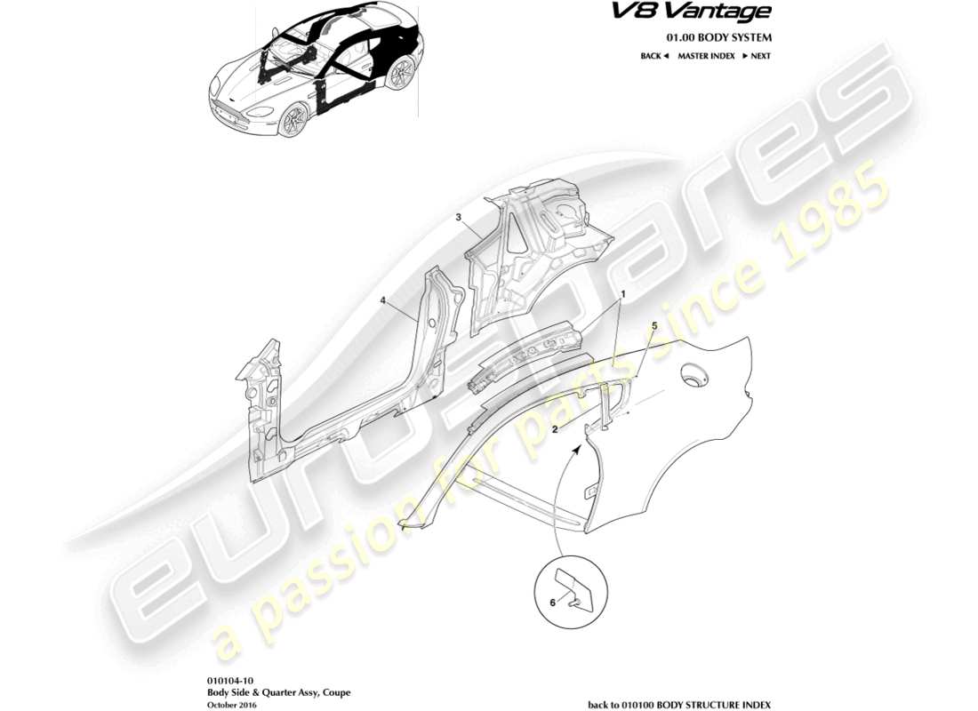 aston martin v8 vantage (2018) panel lateral de la carrocería, diagrama de piezas del cupé