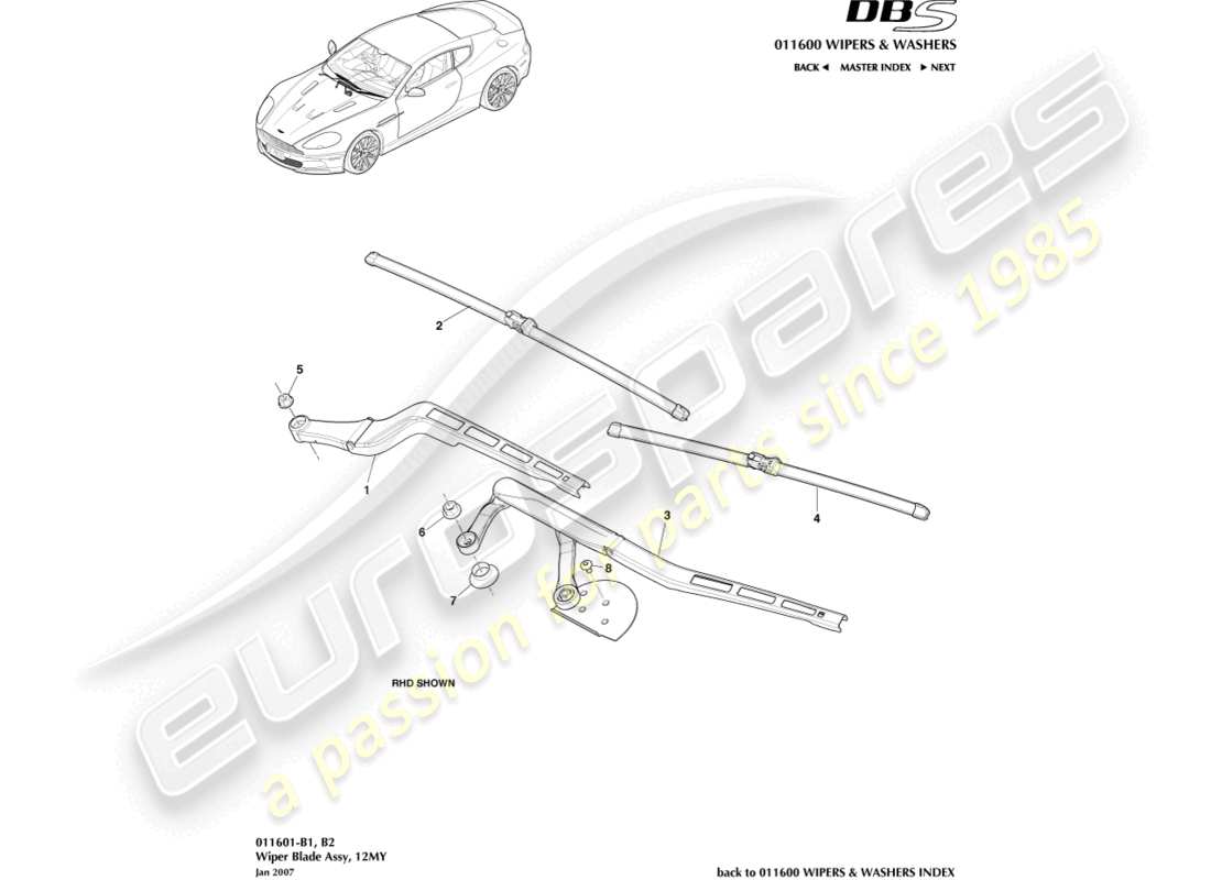 aston martin dbs (2011) wiper blade assembly, 12my diagrama de piezas