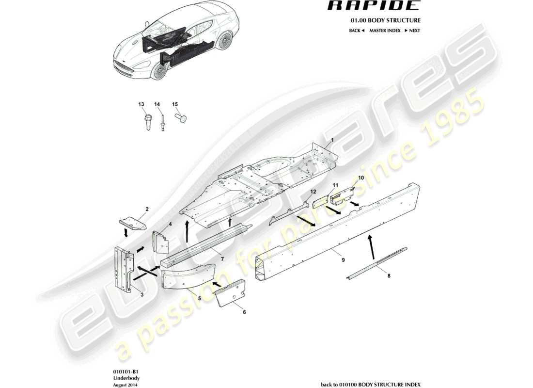 aston martin rapide (2012) diagrama de piezas de debajo de la carrocería