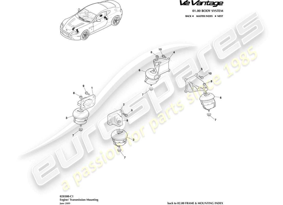 aston martin v12 vantage (2013) diagrama de piezas de soportes del motor
