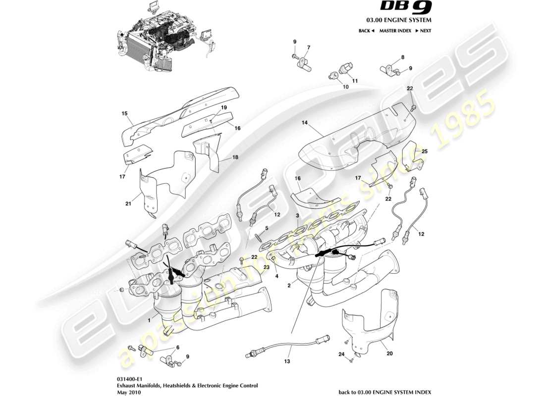 aston martin db9 (2008) colectores de escape diagrama de piezas