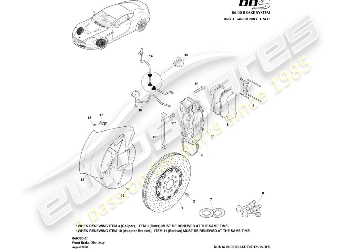 aston martin dbs (2013) diagrama de piezas del sistema de freno delantero