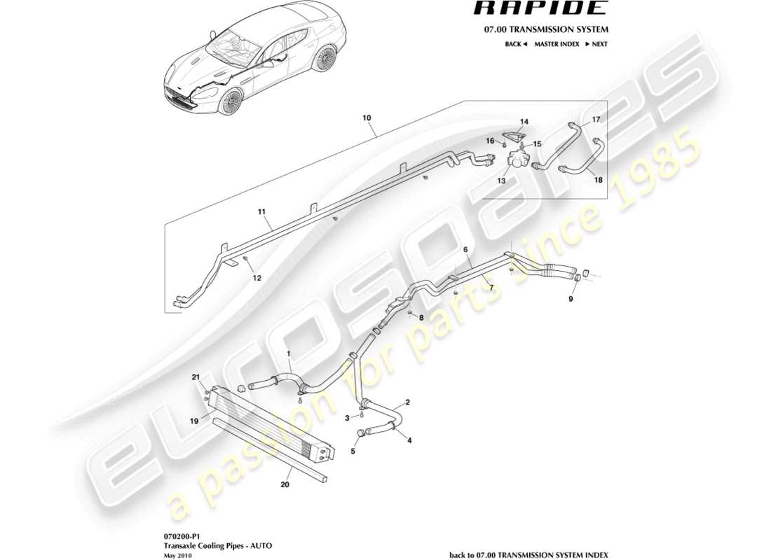 aston martin rapide (2014) diagrama de piezas del enfriador de aceite de la transmisión