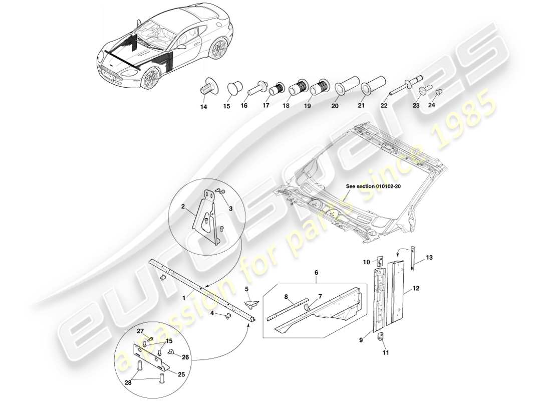 aston martin v8 vantage (2005) diagrama de piezas de pilar y rieles de guardabarros