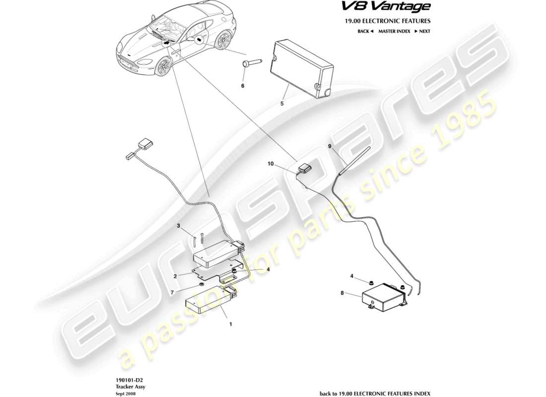 un diagrama de piezas del catálogo de piezas Aston Martin V8 Vantage (2011)