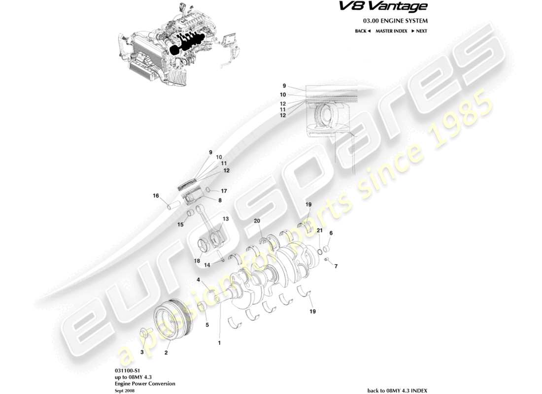 un diagrama de piezas del catálogo de piezas Aston Martin V8 Vantage (2012)