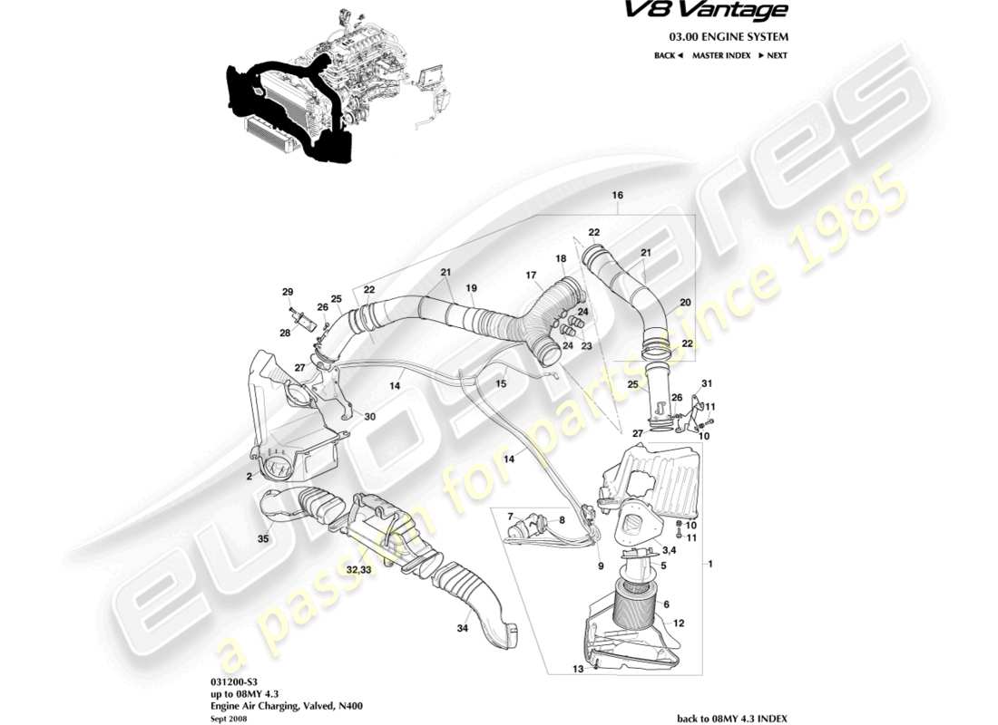 un diagrama de piezas del catálogo de piezas Aston Martin V8 Vantage (2006)