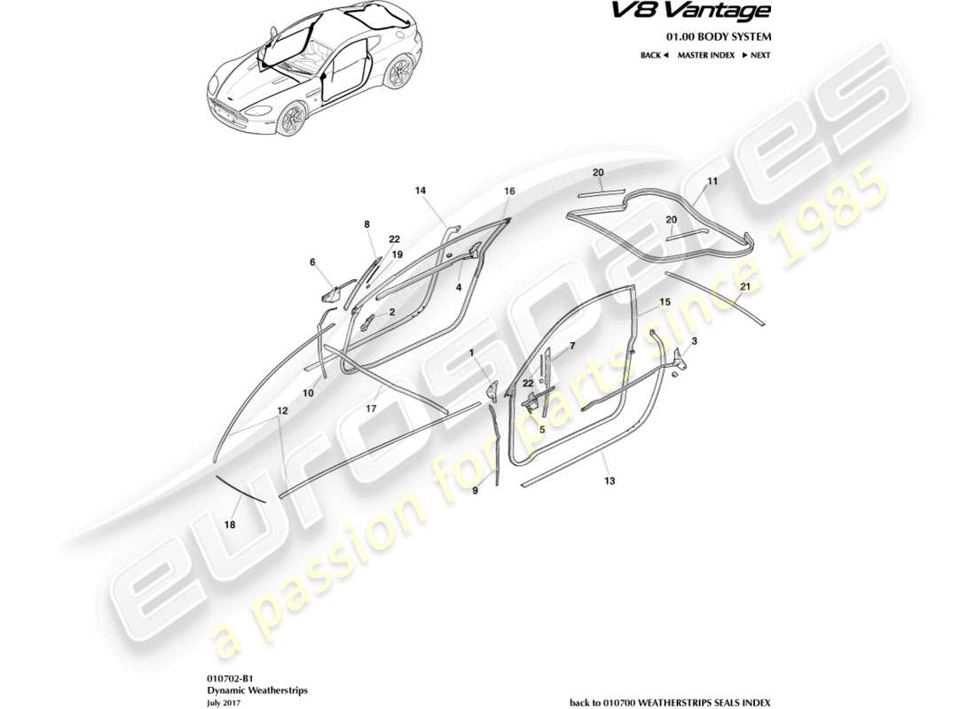 aston martin v8 vantage (2018) burletes dinámicos, diagrama de piezas del cupé
