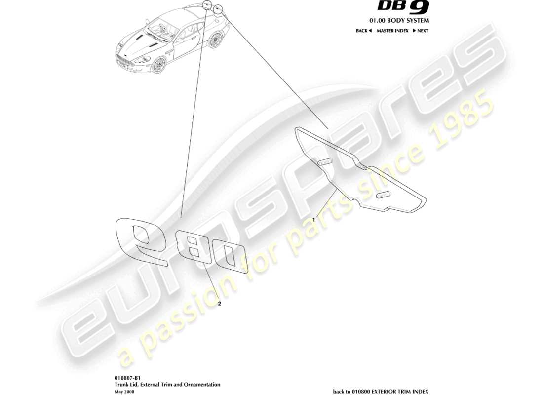 aston martin db9 (2008) embellecedor de la tapa del maletero, diagrama de piezas del cupé