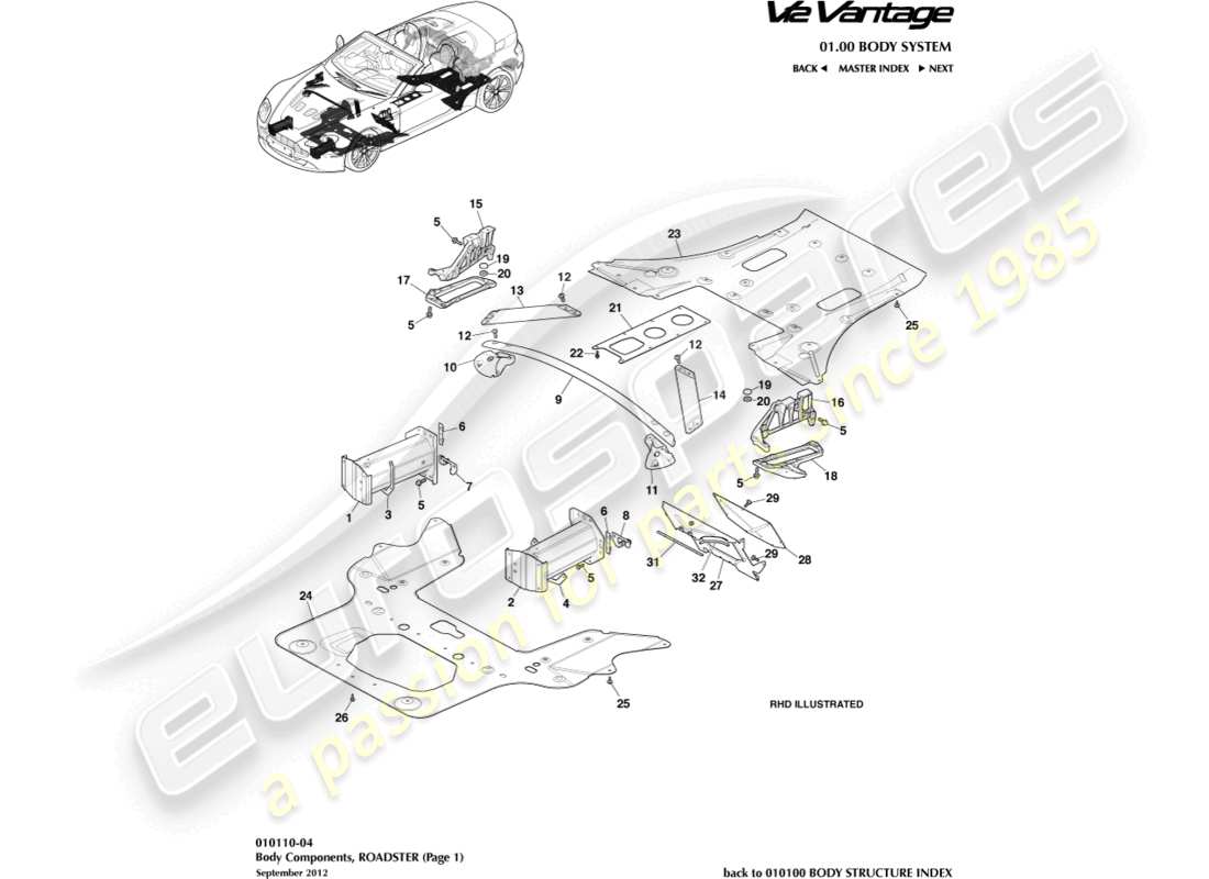 aston martin v12 vantage (2013) componentes de la carrocería, diagrama de piezas del roadster