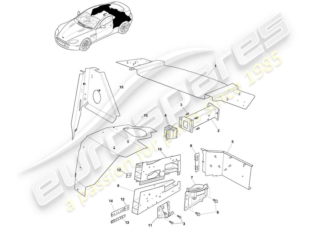 aston martin v8 vantage (2005) parte trasera de la carrocería, diagrama de piezas del cupé