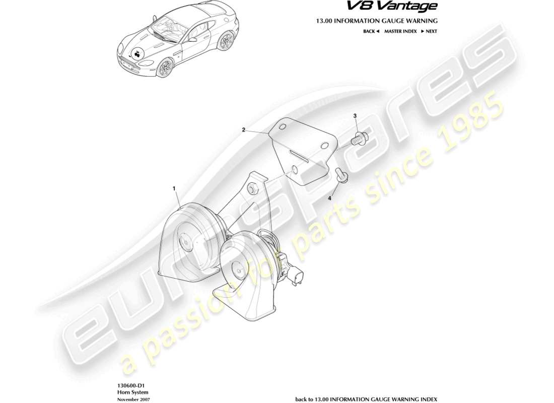 aston martin v8 vantage (2006) diagrama de piezas del sistema de bocina