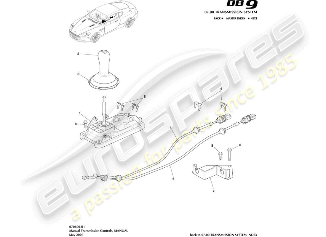 aston martin db9 (2007) conjunto de palanca de cambios, diagrama de piezas del manual