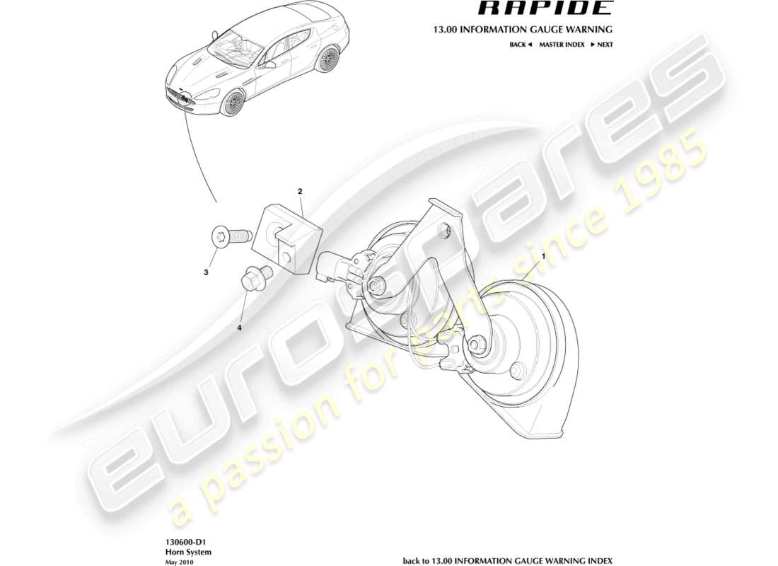 aston martin rapide (2013) diagrama de piezas de la bocina de tráfico
