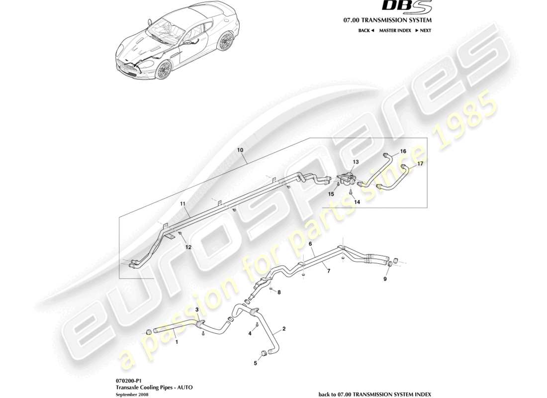 aston martin dbs (2007) enfriamiento de la transmisión, automático diagrama de piezas