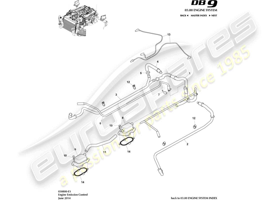 aston martin db9 (2006) diagrama de piezas de control de emisiones