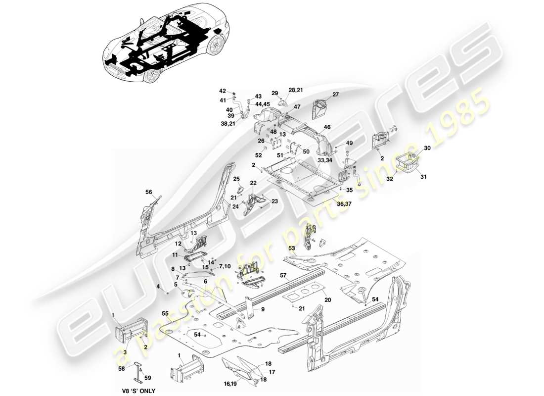 aston martin v8 vantage (2007) componentes de la carrocería, diagrama de piezas del roadster