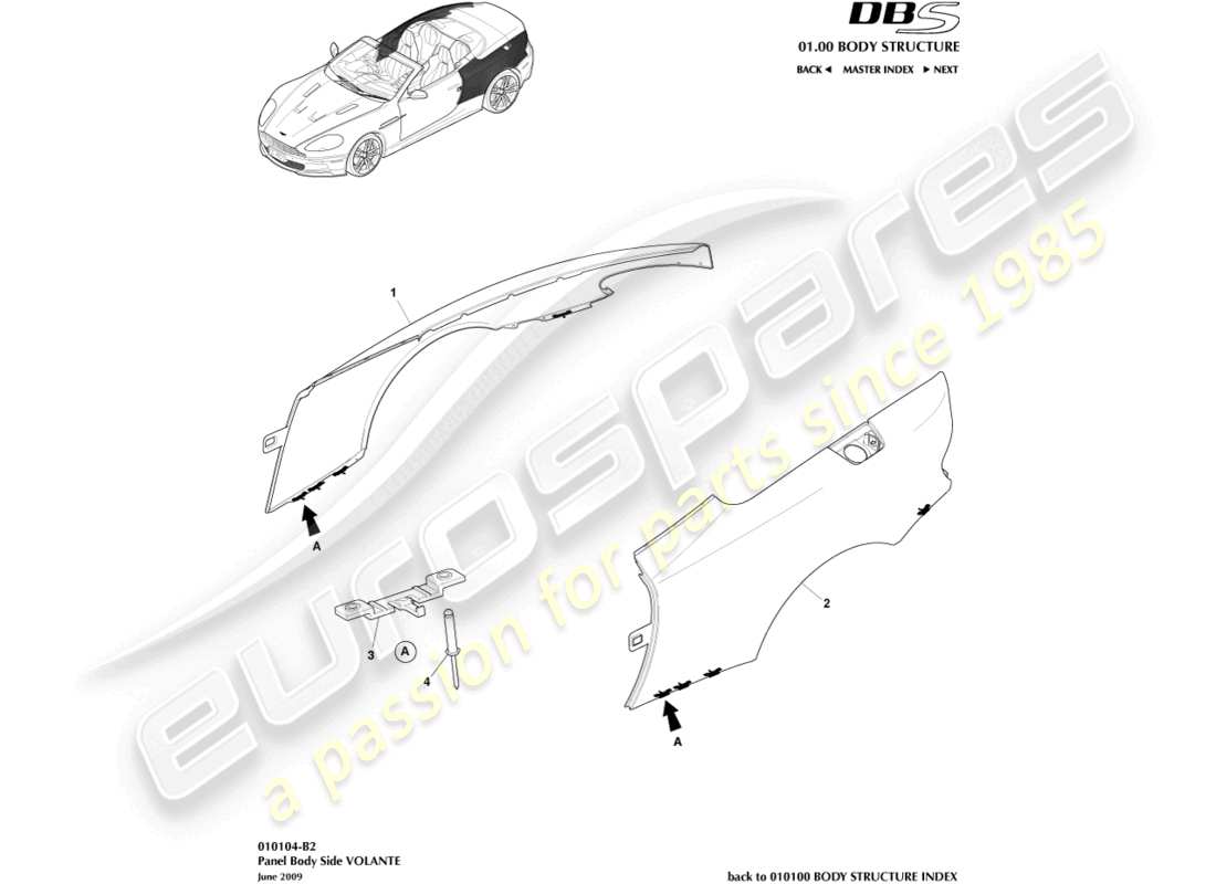 aston martin dbs (2009) panel lateral de carrocería, volante diagrama de piezas