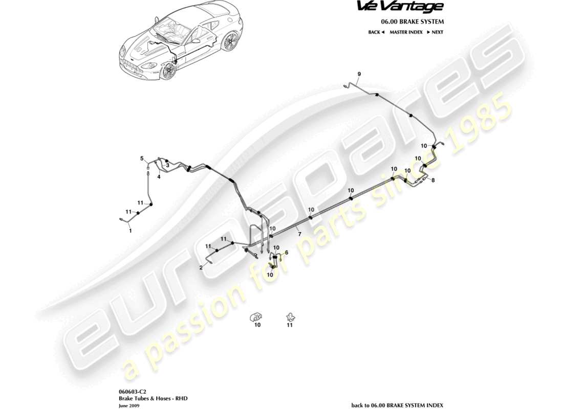 aston martin v12 vantage (2013) líneas y mangueras de freno, diagrama de piezas rhd