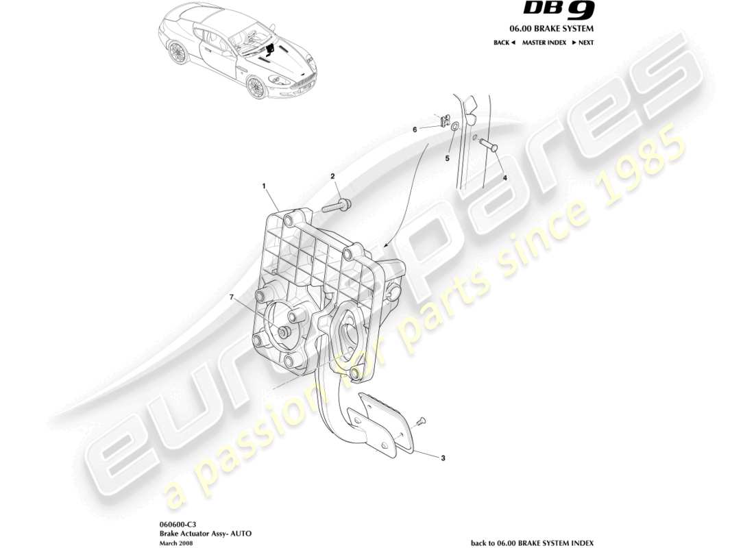 aston martin db9 (2007) conjunto del actuador de freno, diagrama de piezas de automóvil
