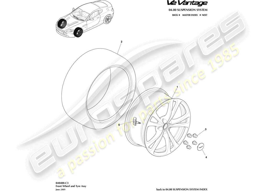 aston martin v12 vantage (2013) diagrama de piezas de ruedas y neumáticos delanteros