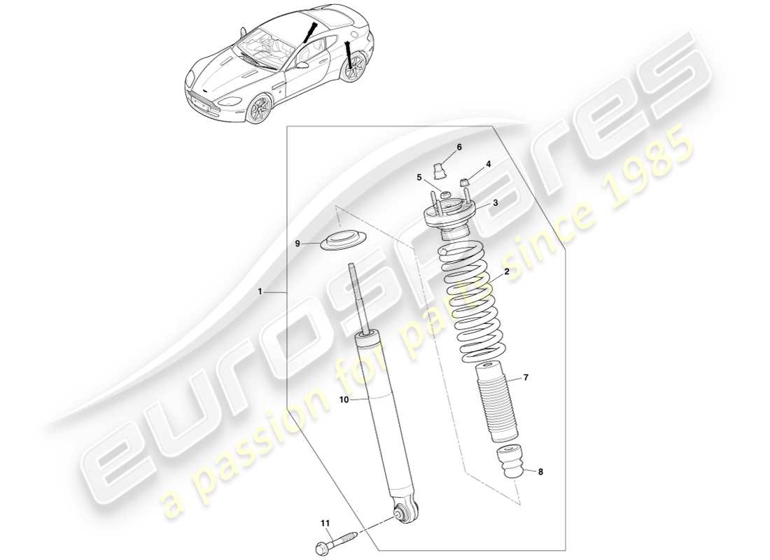 aston martin v8 vantage (2005) resorte y amortiguador trasero, diagrama de piezas multimatic