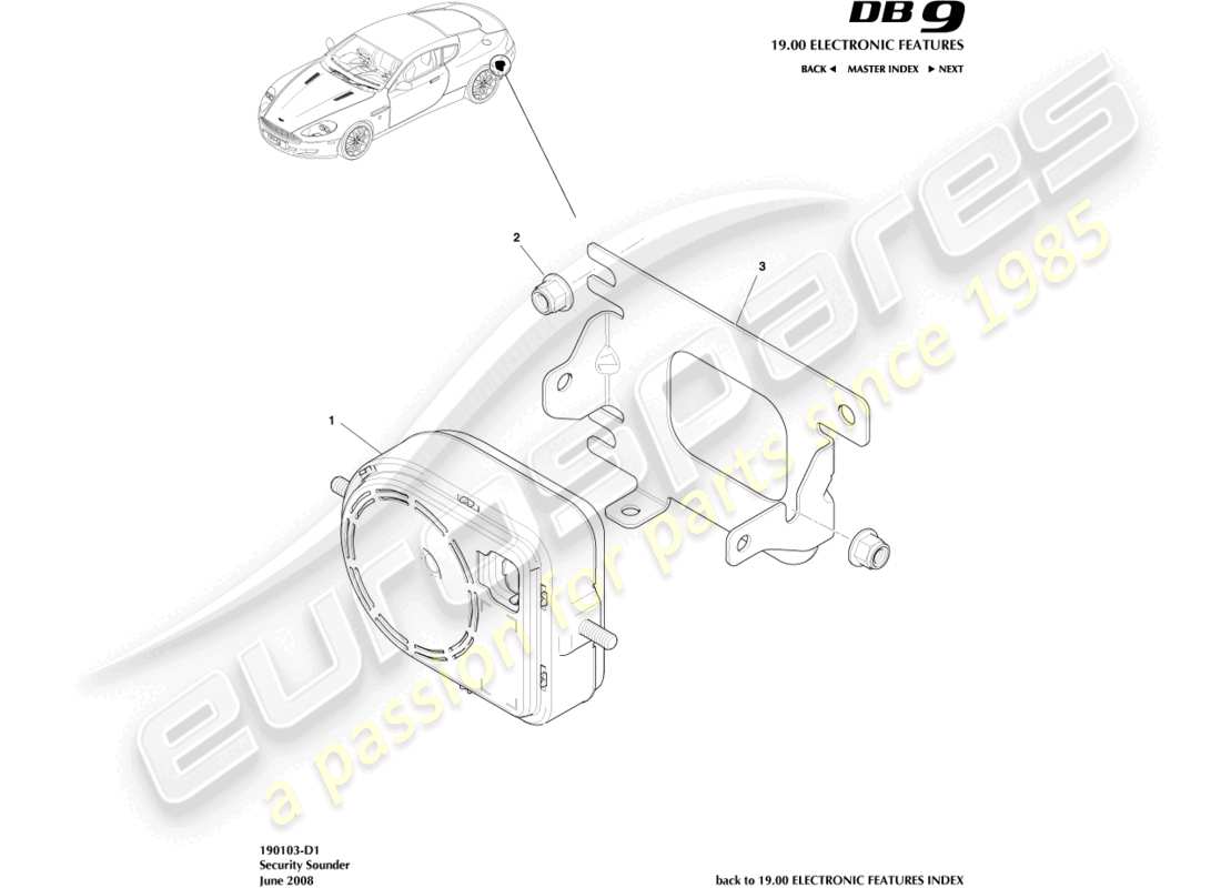 aston martin db9 (2010) diagrama de piezas de la sirena de seguridad