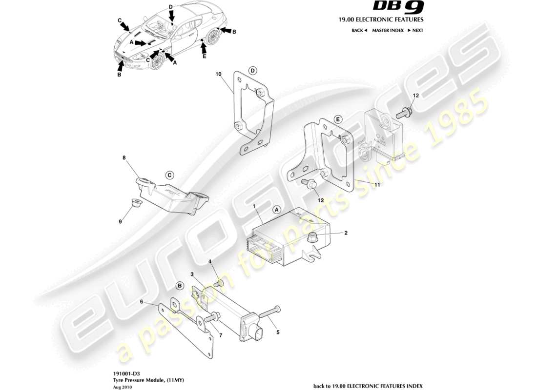 aston martin db9 (2010) módulo de presión de neumáticos, diagrama de pieza 11my
